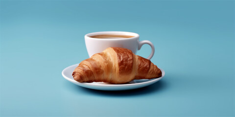 a croissant and cup of coffee on blue background, ai generated