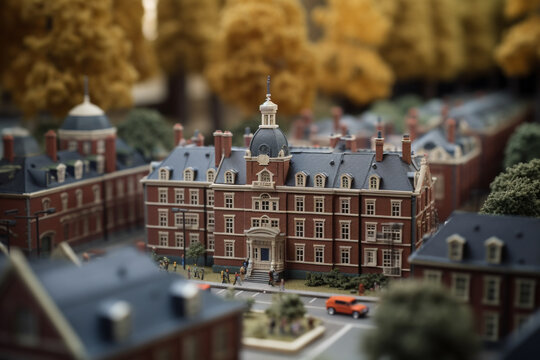 A hyper-realistic painting of an educational institution with a large population of students, each one carefully crafted with minute details.