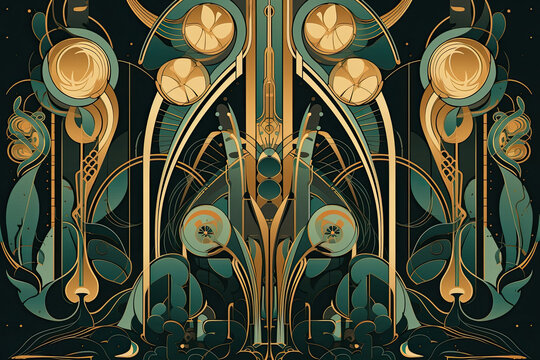 Fototapeta Abstract art nouveau geometric design with bold shapes and metallic accents, generative ai