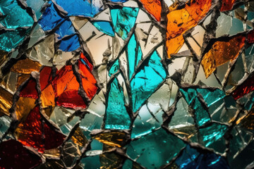 Abstract background of cracked glass texture with vibrant shards and patterns, generative ai