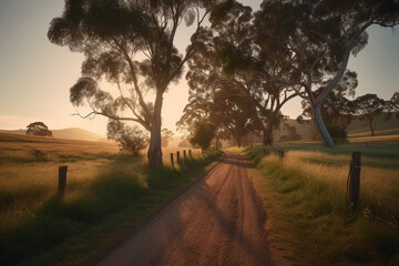 Fototapeta premium Picture a winding country road, lined with tall trees and lush green grass. The sun is setting, casting a soft, golden light across the landscape.
