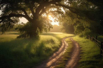 Picture a winding country road, lined with tall trees and lush green grass. The sun is setting, casting a soft, golden light across the landscape.