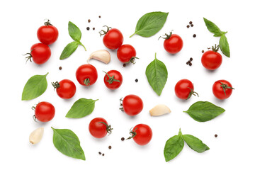 Composition with ripe cherry tomatoes and spices on white background