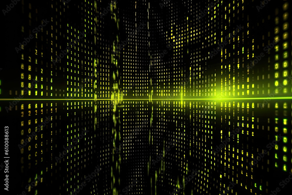 Poster abstract binary code background with glowing neon green and yellow colors, generative ai