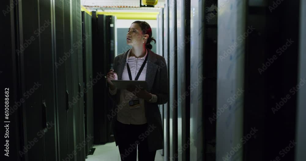 Leinwandbilder woman in server room with tablet, cyber security and network administration, engineer in digital sto