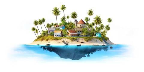 A small island with a house and palm trees. Generative AI.