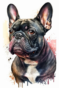 Black French Bulldog dog watercolor painting. Generative AI illustration