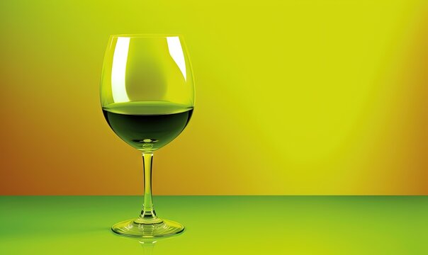  a glass of red wine on a green table with a yellow and orange background in the background is a yellow and green background with a red stripe.  generative ai