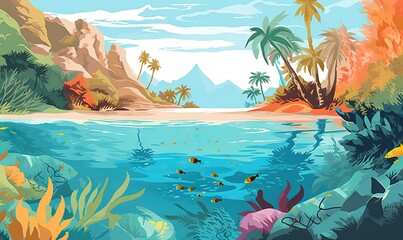 Fototapeta na wymiar a painting of a tropical island with a beach and palm trees in the background and a blue ocean with fish and corals in the foreground. generative ai