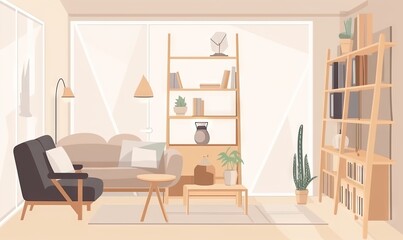  a living room with a couch, chair, bookshelf, and a coffee table in front of a window with a potted plant.  generative ai