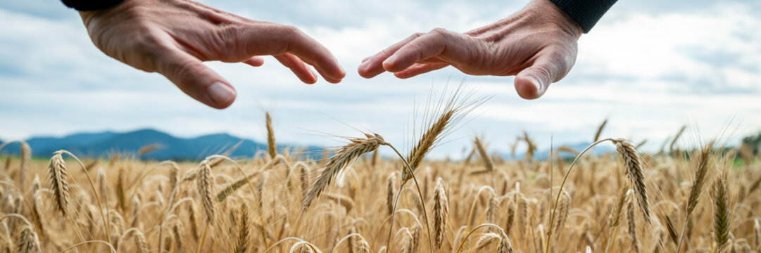 Wide view image of male hands in protective gesture over beautiful golden wheat field