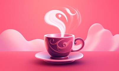  a coffee cup with steam rising out of it on a saucer on a pink background with clouds in the sky and a pink background.  generative ai