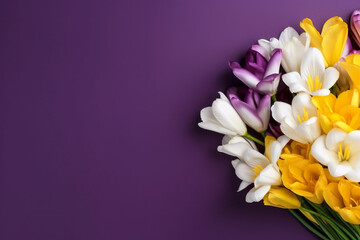A bunch of yellow and white flowers on a purple background. Generative AI. Copy space, place for text.