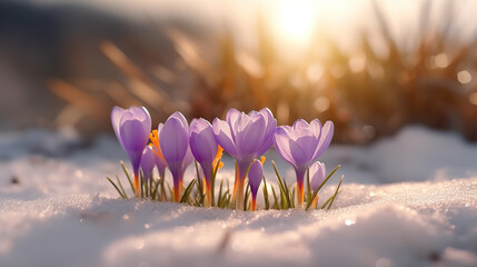 A group of purple flowers sitting on top of snow covered ground. Generative AI. - obrazy, fototapety, plakaty
