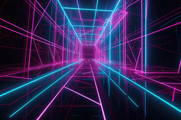 Abstract representation of a futuristic grid with neon blue and pink lines intertwining in a mesmerizing pattern, generative ai