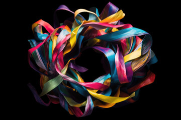 Abstract ribbon patterns in a colorful explosion on a black background, generative ai
