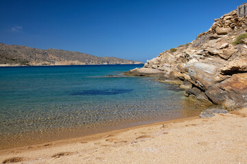 Panoramic view of the beautiful turquoise sandy beach of Kalamos in Ios cyclades Greece