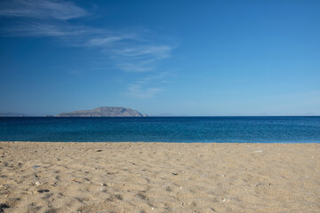 Panoramic view of the amazing sandy and turquoise beach of Agia Theodoti in Ios Cyclades Greece