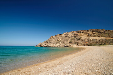 Fototapeta na wymiar Panoramic view of the beautiful turquoise sandy beach of Kalamos in Ios cyclades Greece