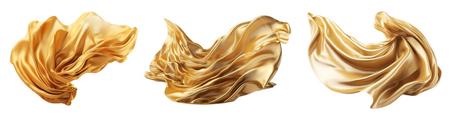 Set of golden silk fabric isolated on transparent background - Generative AI