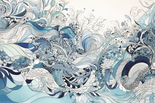 Abstract zentangle design featuring flowing waves in varying shades of blue on a white background, generative ai