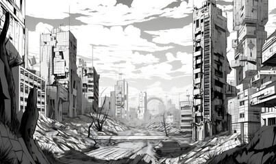 Fototapeta premium Zerstörte und verlassene Stadt futuristisch und Post-Apokalyptisch: Generative AI