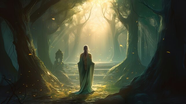 art illustration, woman elf sorcerer walking in fairy forest with magic power emerge around, Generative Ai