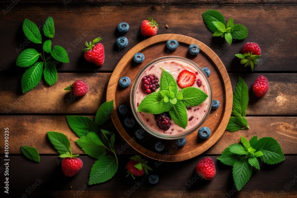 Poster on a wooden table, a raspberry smoothie and berries are served. copy space in the top view. generati