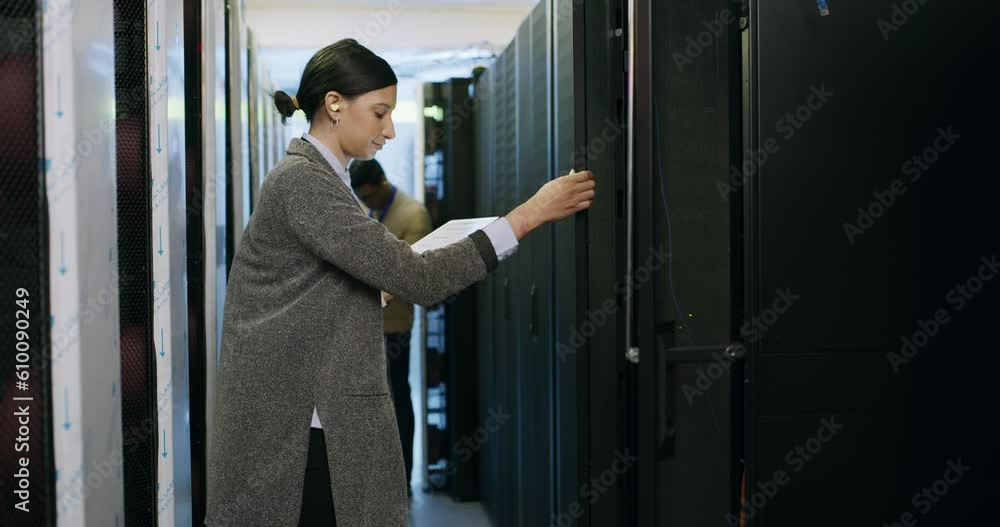 Leinwandbilder woman in data center with tablet, network update and engineer in digital storage for database servic