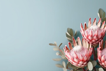 A bunch of pink protea flowers sitting on top of a table. Generative AI.