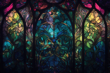 Art nouveau stained glass window inspired wallpaper with vibrant jewel-toned colors, generative ai