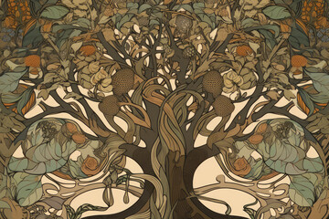Art nouveau tree of life pattern with warm earth tones and flowing lines, generative ai