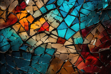 Artistic and colorful cracked glass texture with abstract shapes and lines, generative ai