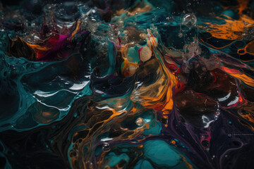 Artistic interpretation of an oil spill in a river, with colorful and chaotic swirls of oil mixing with the natural flow of the water, generative ai