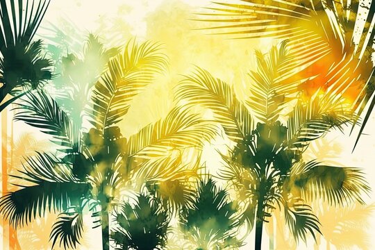 The abstract. Summer palm palms with the sun on a white backdrop. Watercolor print of a jungle. Generative AI