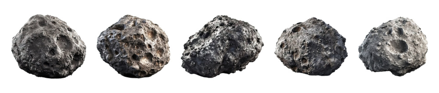 Set of asteroids isolated on transparent background - Generative AI