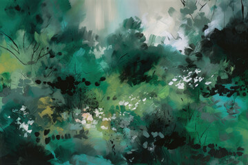 Fototapeta na wymiar artistic wallpaper with expressive brushstrokes in shades of green, creating a lush and verdant landscape, generative ai