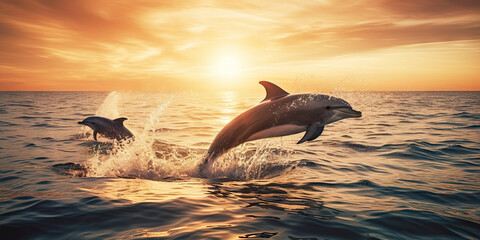 Dolphins jumping out of the water poster with copy space - Generative AI