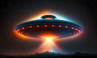 Fototapeta na wymiar Flying extraterrestrial saucer UFO in the night sky. Alien abduction scene with lights. Generative Ai Illustration as soft ethereal dreamy background, professional color grading, copy space