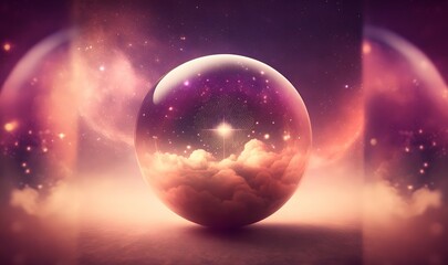 Fototapeta na wymiar The Mystic Crystal Ball Glimpsing Into the Wonders and Possibilities of the Cosmic Universe as soft ethereal dreamy background, professional color grading, copy space