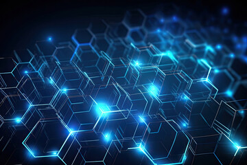 Obraz premium Blue and white futuristic techno grid with hexagonal shapes and light effects, generative ai