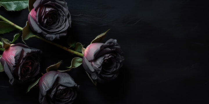 Top view of black roses lying on a black background surface. Copy space for text. Creative gothic dark banner template. Bouquet of black roses. Generative AI professional photo imitation.