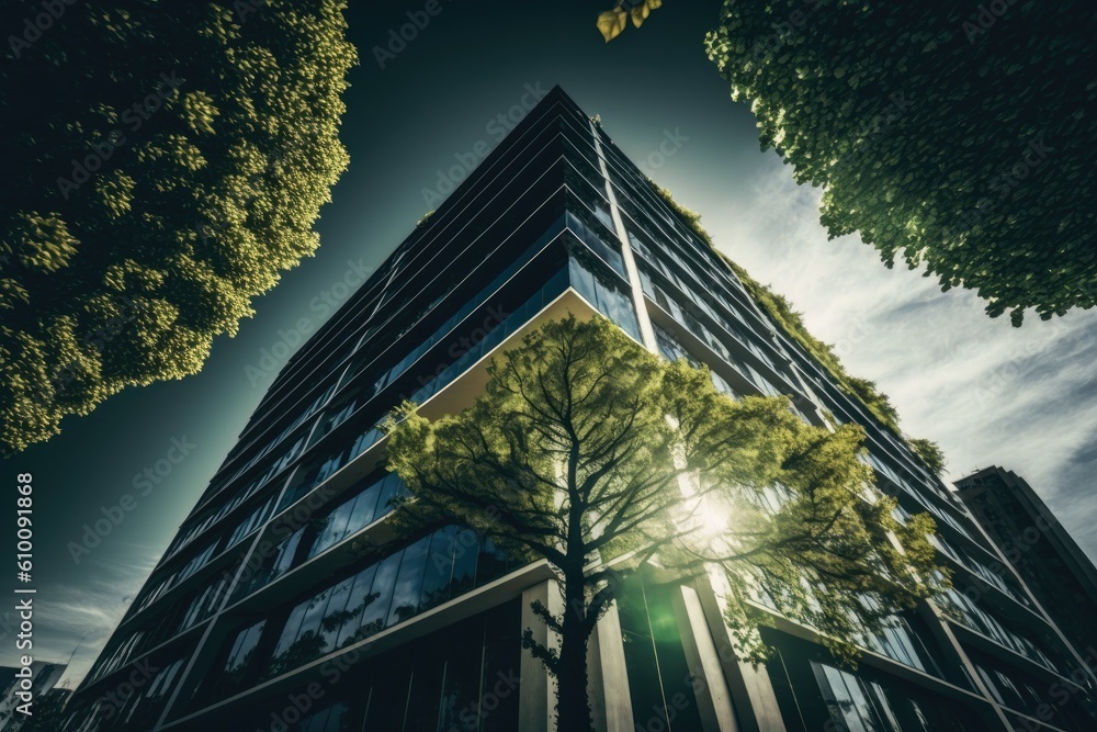 Poster the notion of becoming green. on a beautiful day, a low angle view of a contemporary structure with 