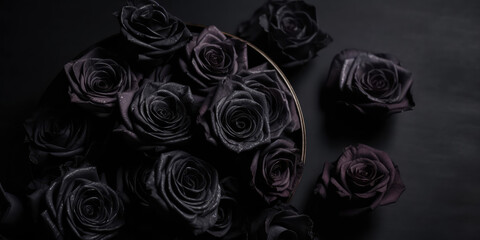 Obraz na płótnie Canvas Top view of black roses in plate lying on a black background surface. Copy space for text. Creative gothic luxury banner template. Bouquet of black roses. Generative AI professional photo imitation.