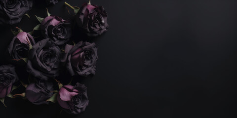 Top view of black purple roses lying on a black background surface. Copy space for text. Creative gothic luxury banner template. Bouquet of black roses. Generative AI professional photo imitation.