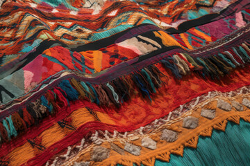 Bohemian tapestry texture with bold and bright colors, featuring geometric patterns and fringe details, generative ai