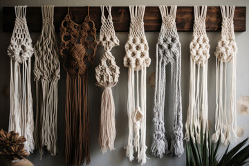 Bohemian-inspired macrame wall hanging with intricate knots and tassels, generative ai