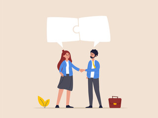 Communication concept. Conversation for success, meeting discussion to get answer or solution, working together, partnership or collaboration, business people talk with speech bubble jigsaw connect.