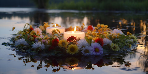 Midsummer wreath of wild flowers with candles floats on the river Generative AI. - obrazy, fototapety, plakaty