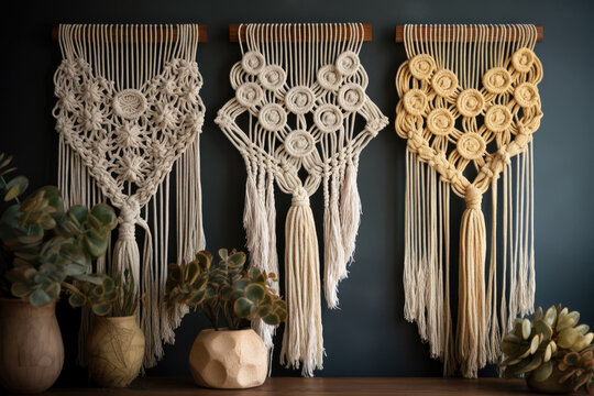 Bohemian-inspired macrame wall hanging with intricate knots and tassels, generative ai